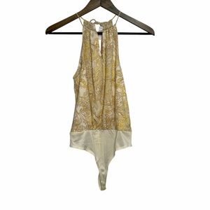 SAGE The Label Bodysuit Halter Top Blouse Womens Small Yellow/Ivory Slit Neck